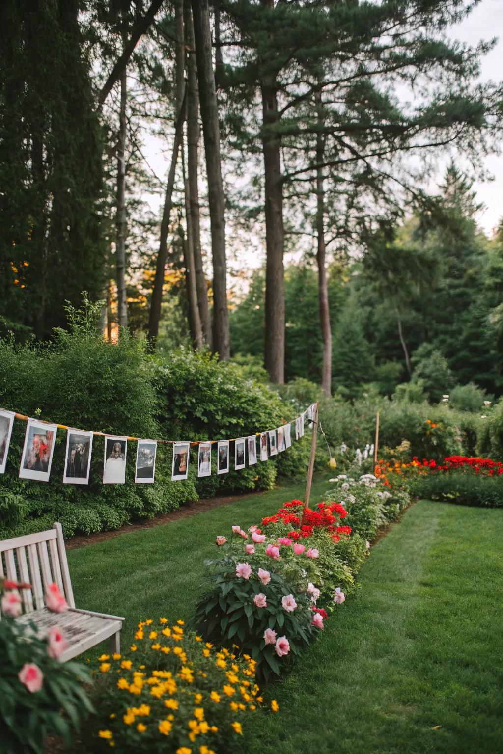 Botanical background displaying suspended images at a pre-wedding garden gathering.