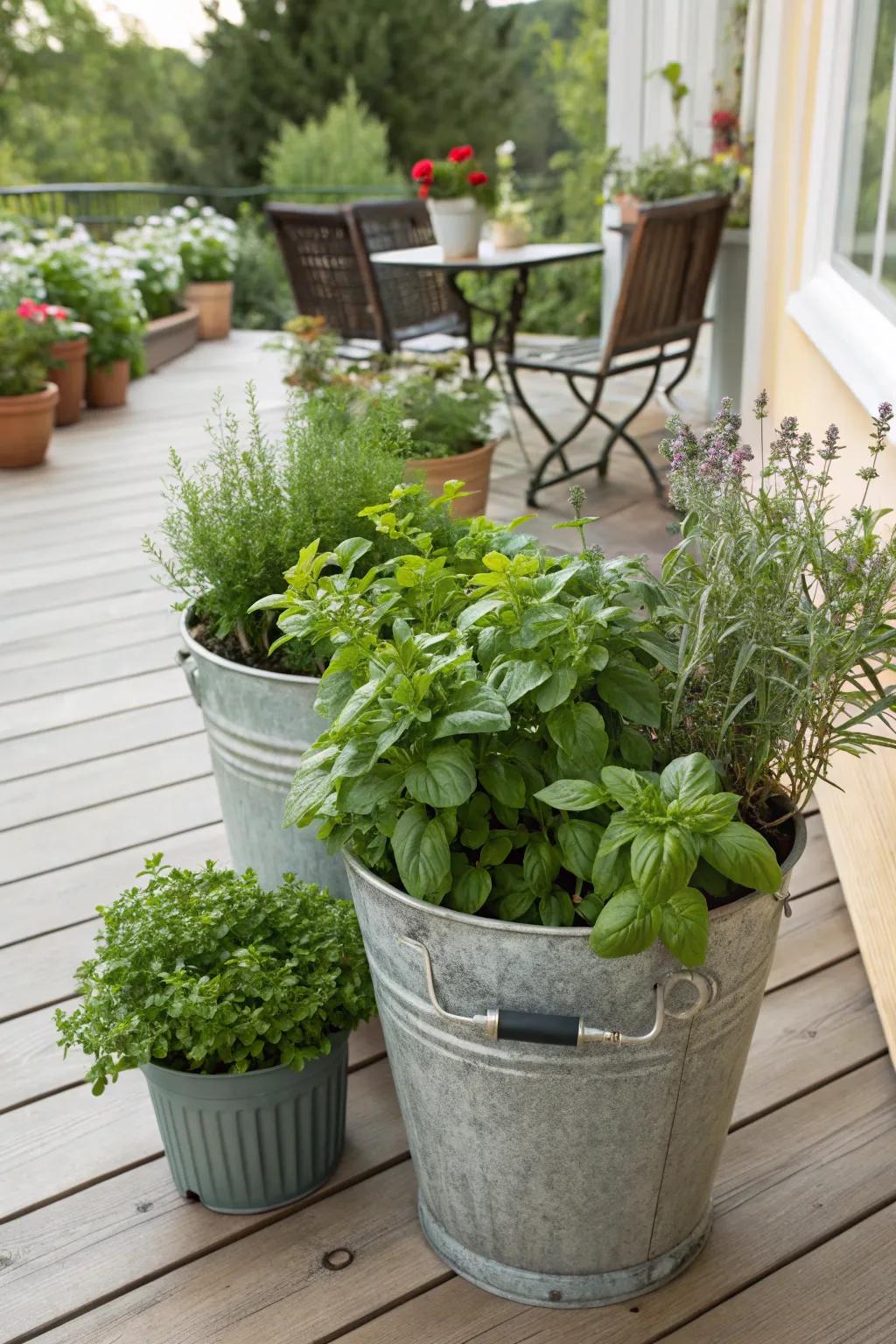 Containers of fresh herbs sitting beneath the sunlight on a patio.
