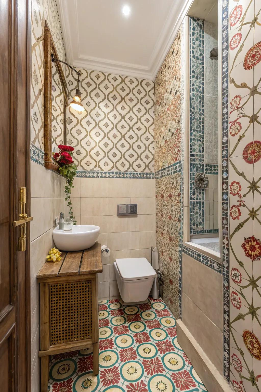 With patterned wallpaper, ornamental accents breathe life into a compact bathroom.