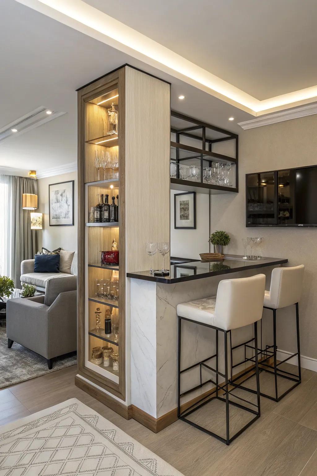 A chic corner bar adeptly maximizes vertical space in a compact setting.