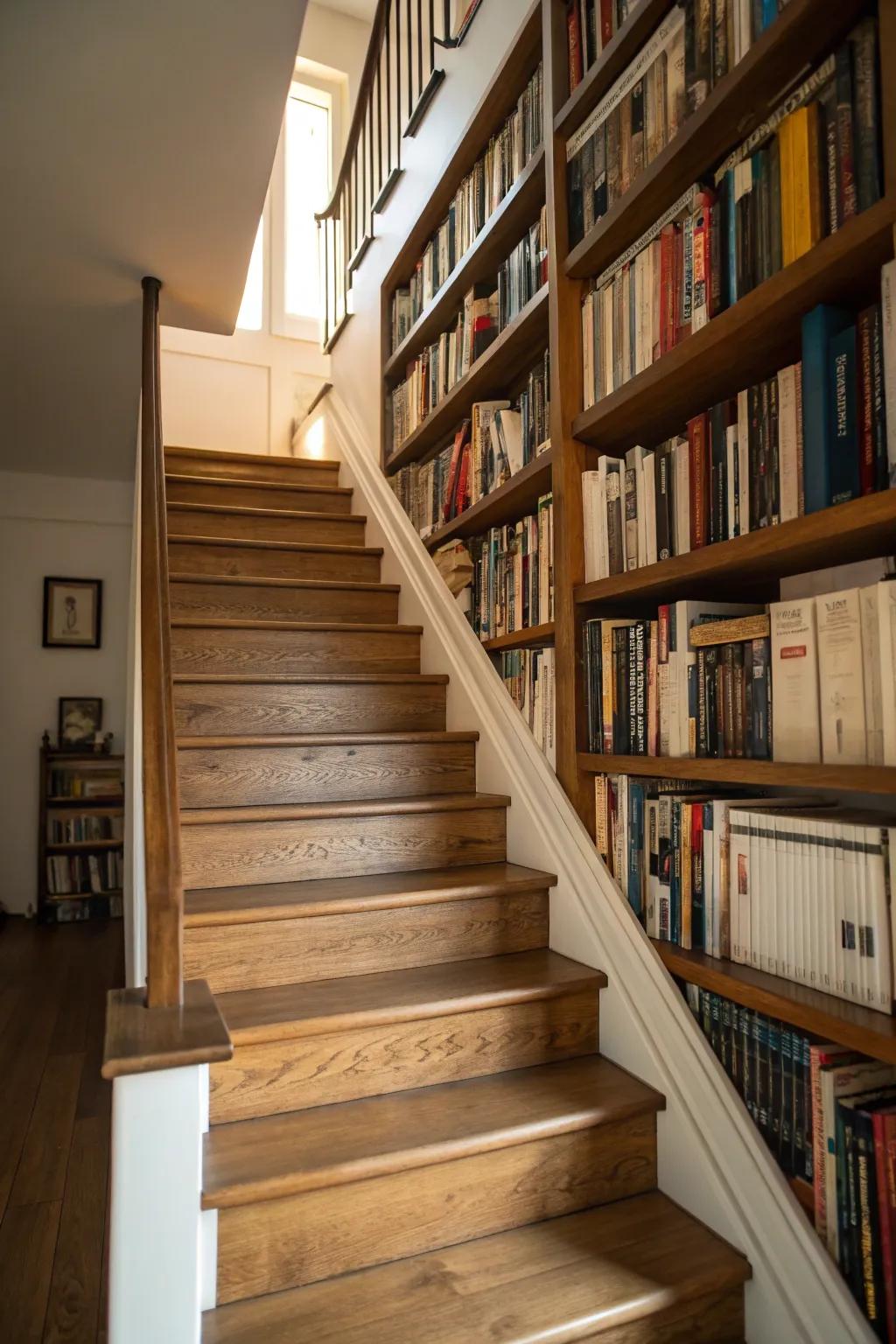 Smart use of space incorporating bookshelves beneath the stairs.