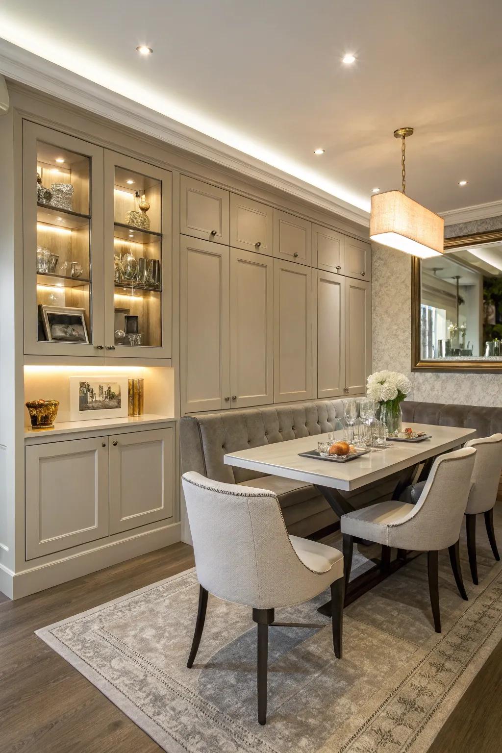 A dining table integrated into the surrounding built-in cabinetry, creating a seamless space.