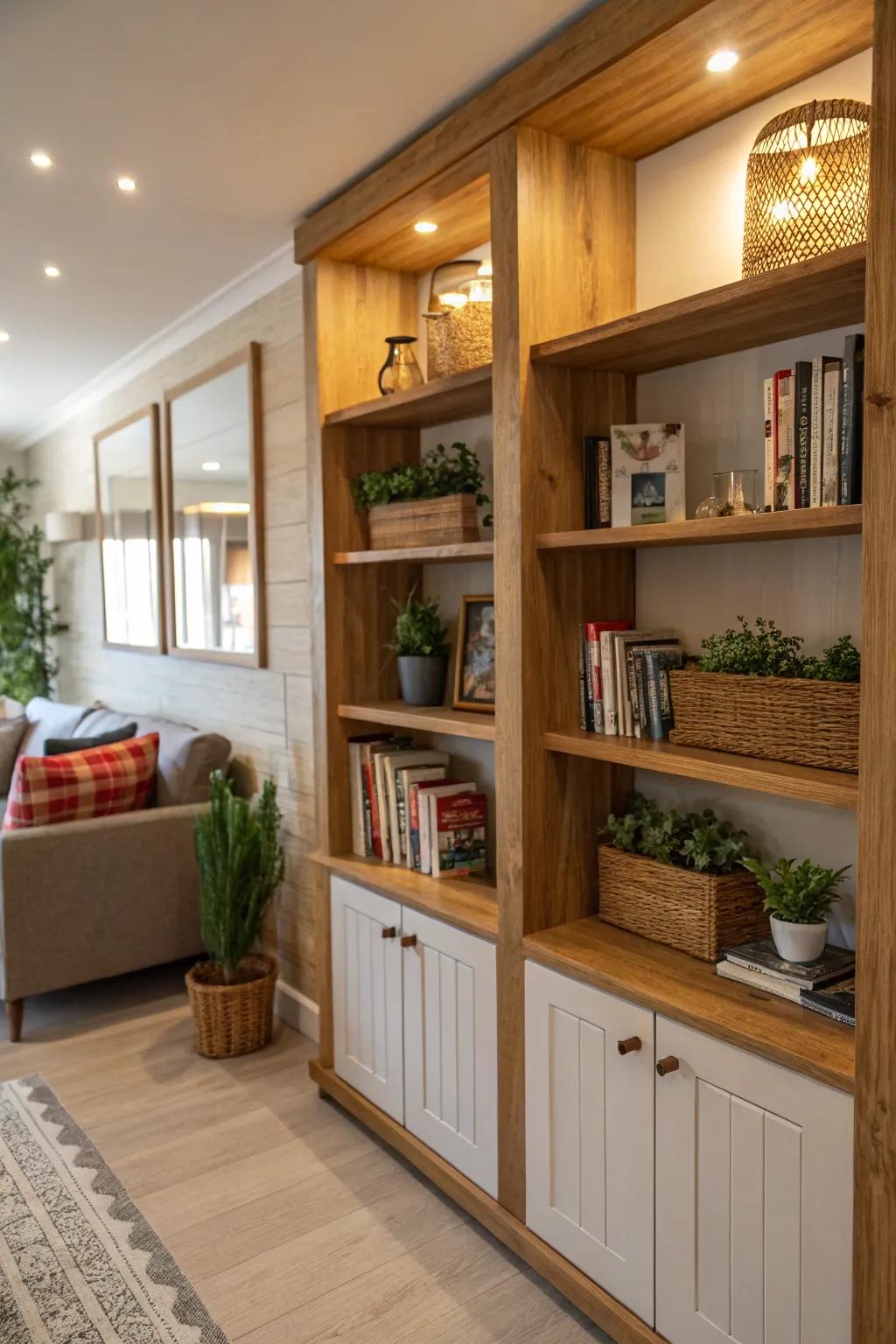 Natural materials like wood and greenery add warmth to the integrated shelving.