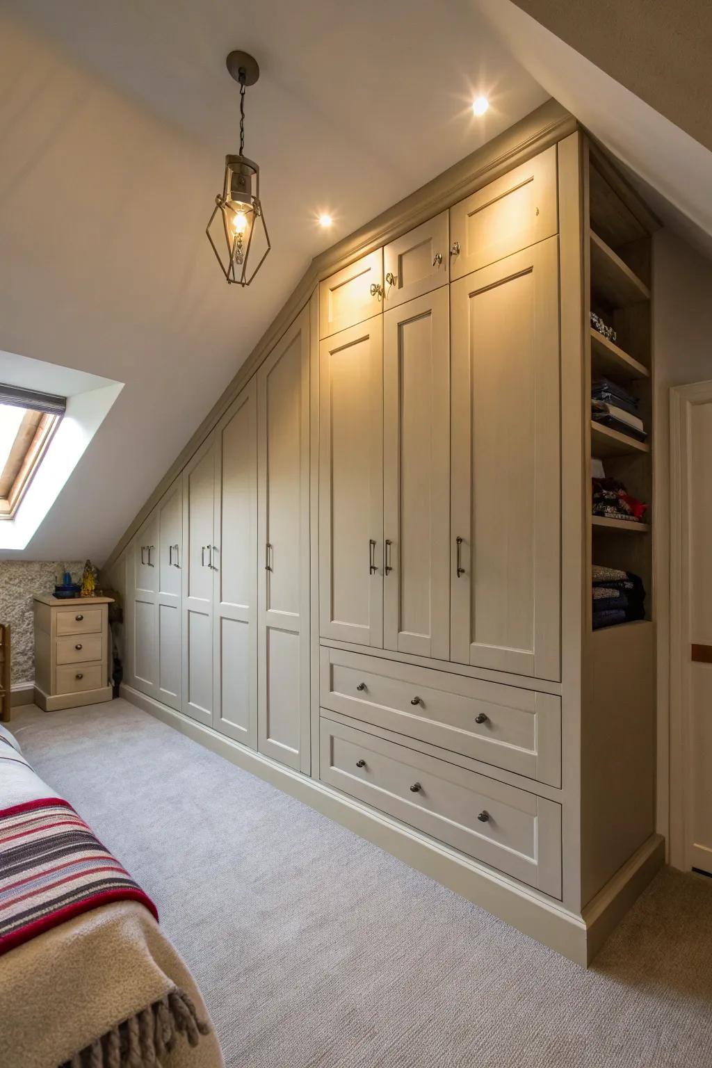 A bespoke wardrobe flawlessly accommodating a room distinguished by inclined rafters.