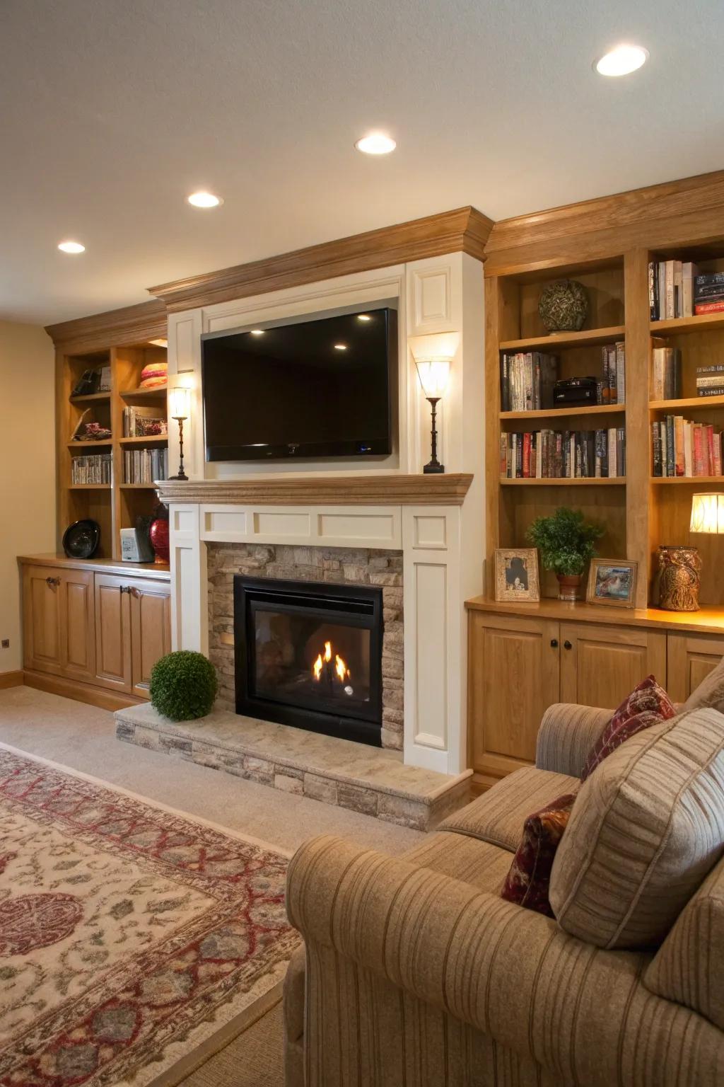 A mounted TV integrates smoothly with the fireplace design.