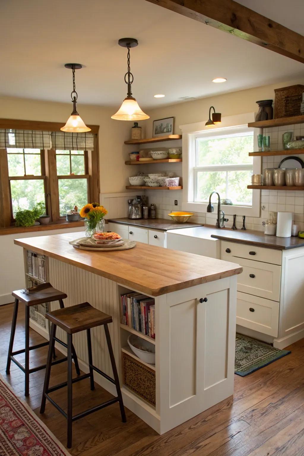 A bungalow kitchen showcasing a functional island worktop for added convenience.