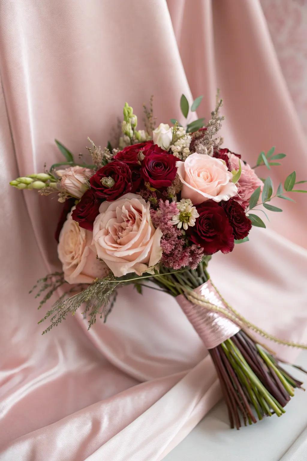 A romantic combination of burgundy and rose-tinted flowers.