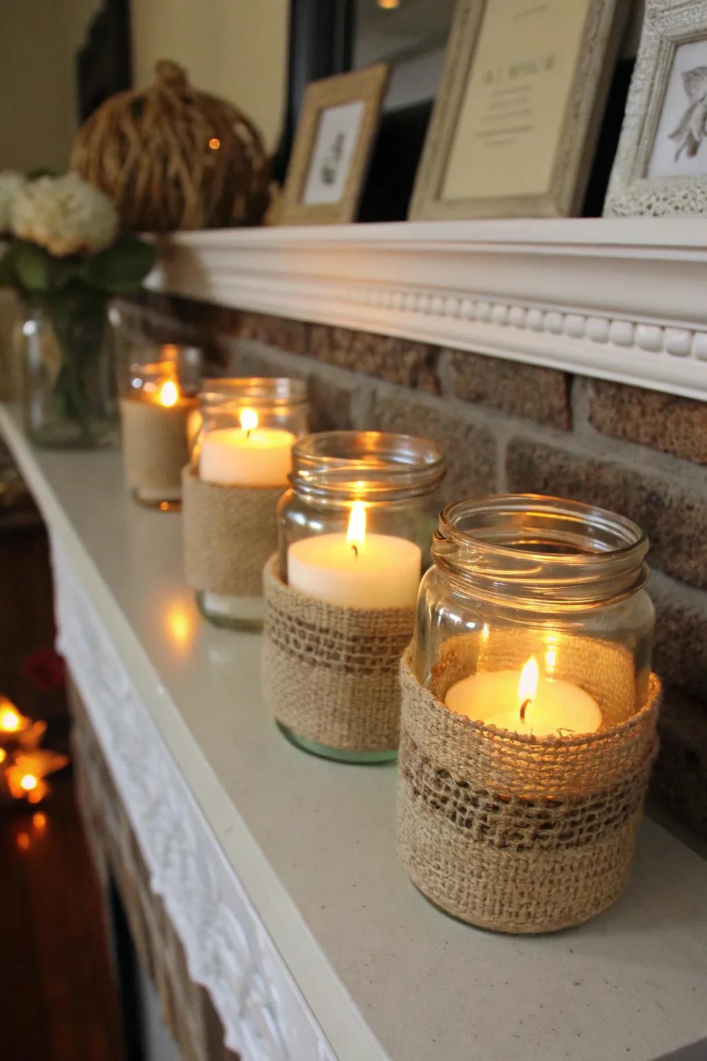 Transform plain glass containers with hessian wraps for a countryside vibe.