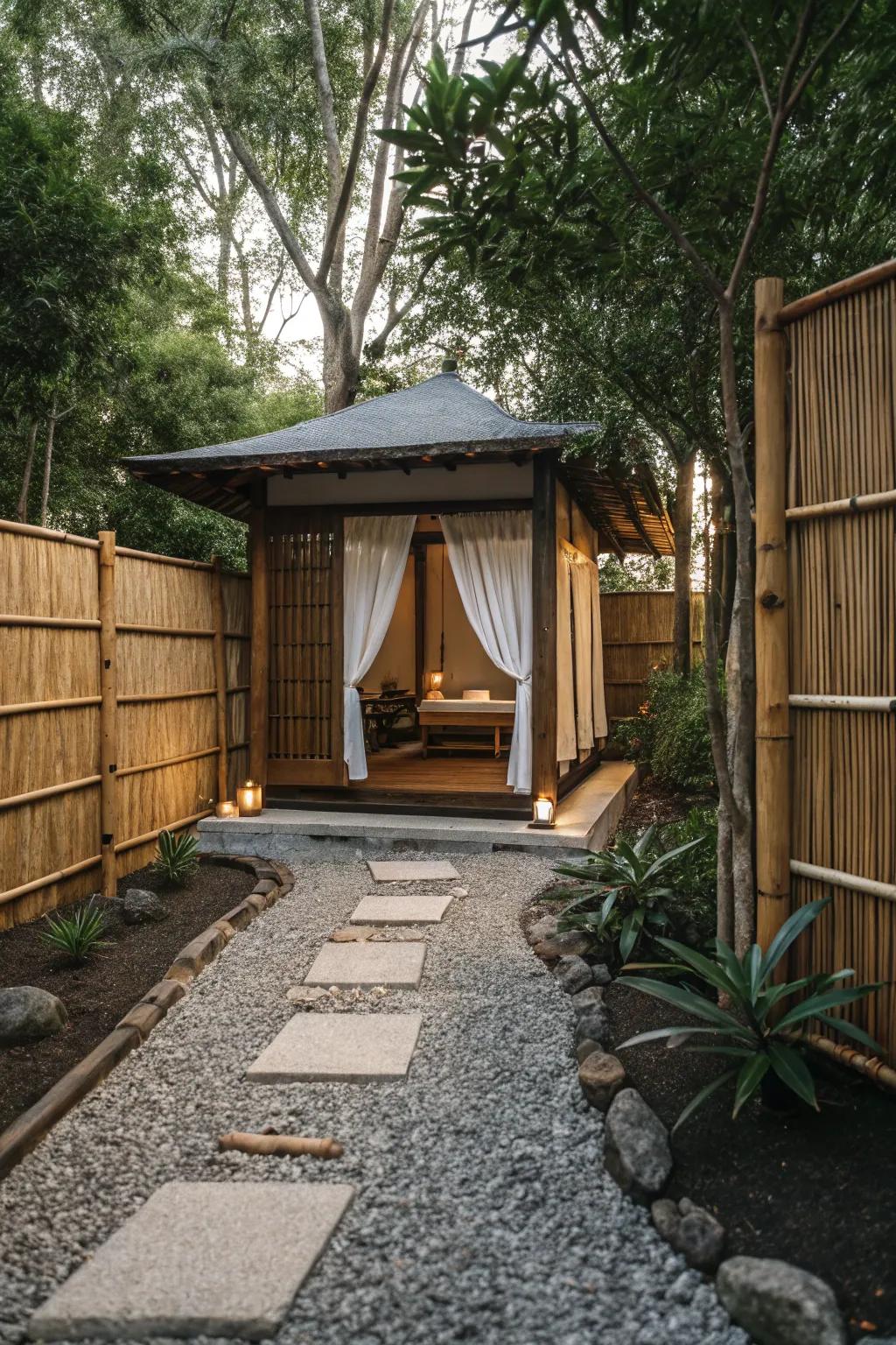 Zen sanctuary cabana featuring calming Japanese-themed decor.