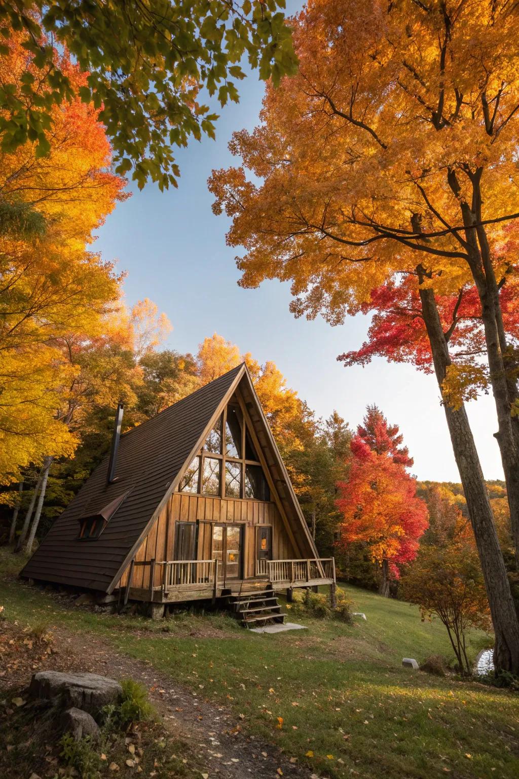 Triangular cabin amidst resplendent autumnal hues