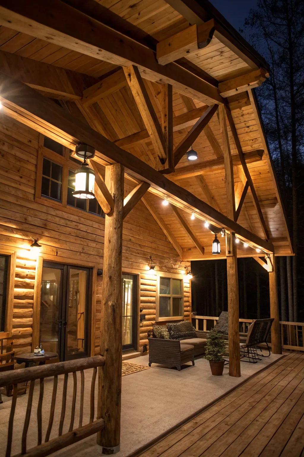 Exposed wooden beams highlighted by lighting, adding depth to a cabin interior.