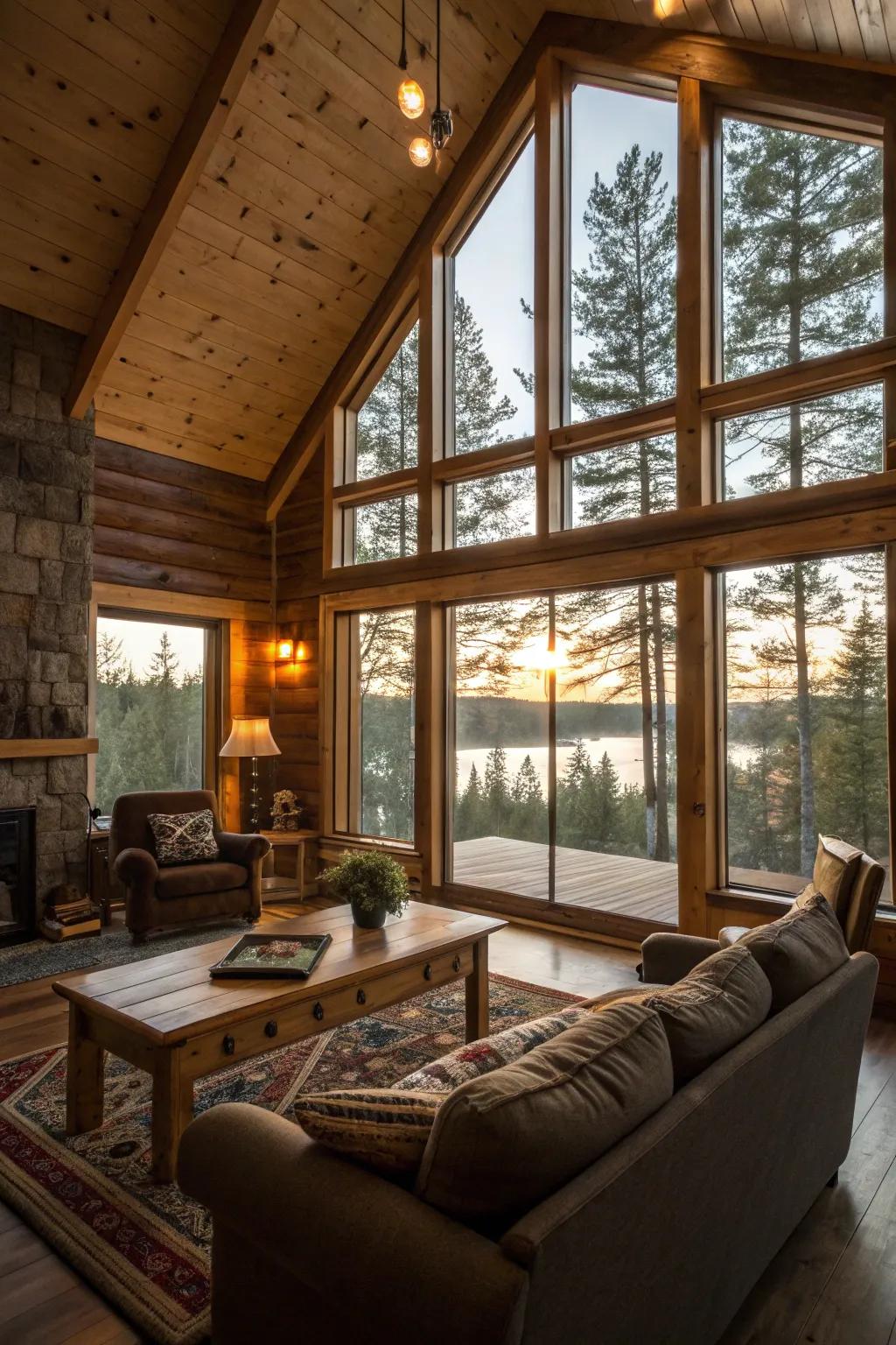 Sunlight fills this cabin living area, accentuating its rustic appeal.