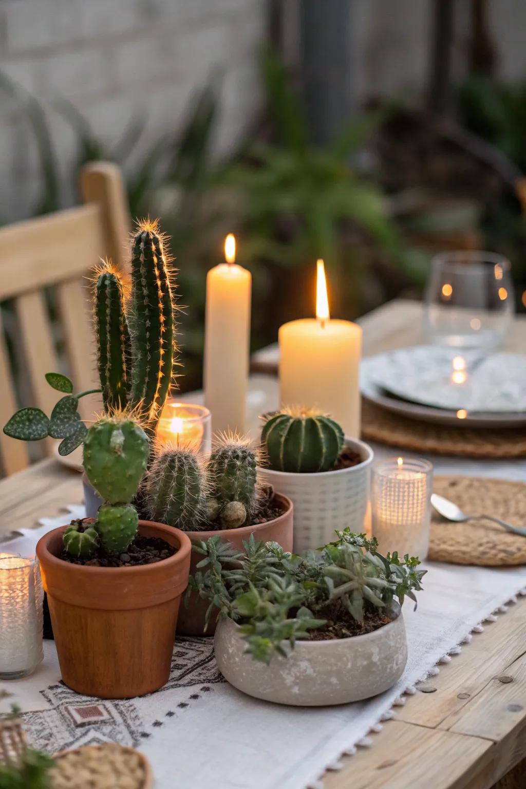 Luminaries and cacti united, crafting a heartfelt and welcoming atmosphere.