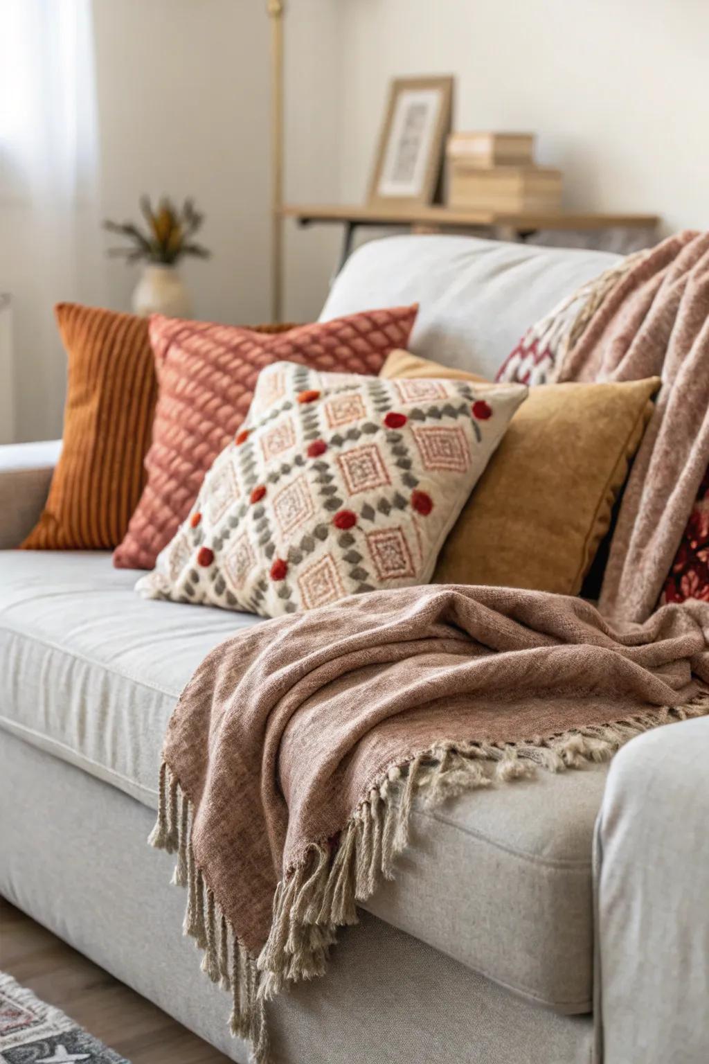 An inviting sitting space featuring comforting textures.