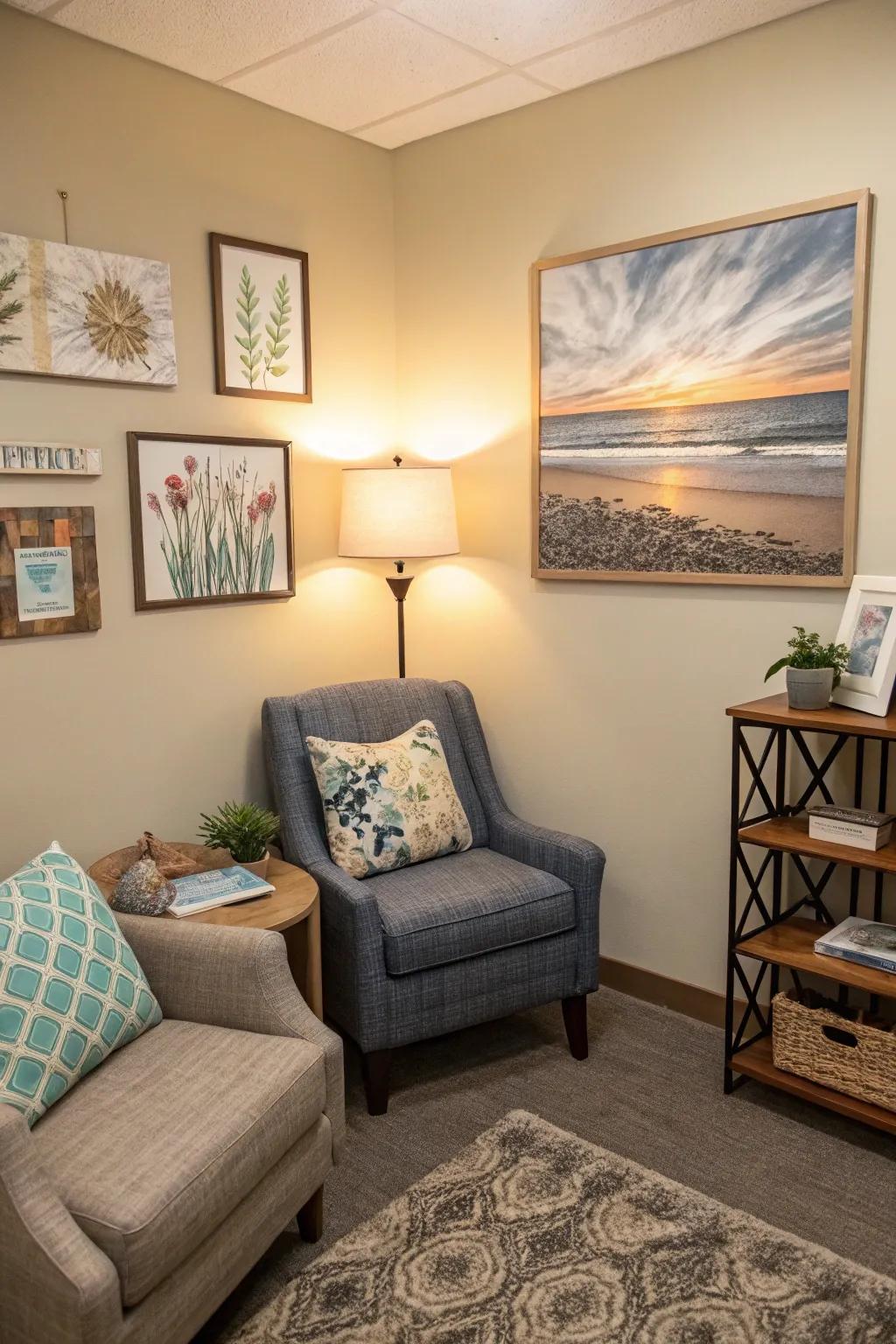 Inspirational decorations elevate the therapeutic environment.