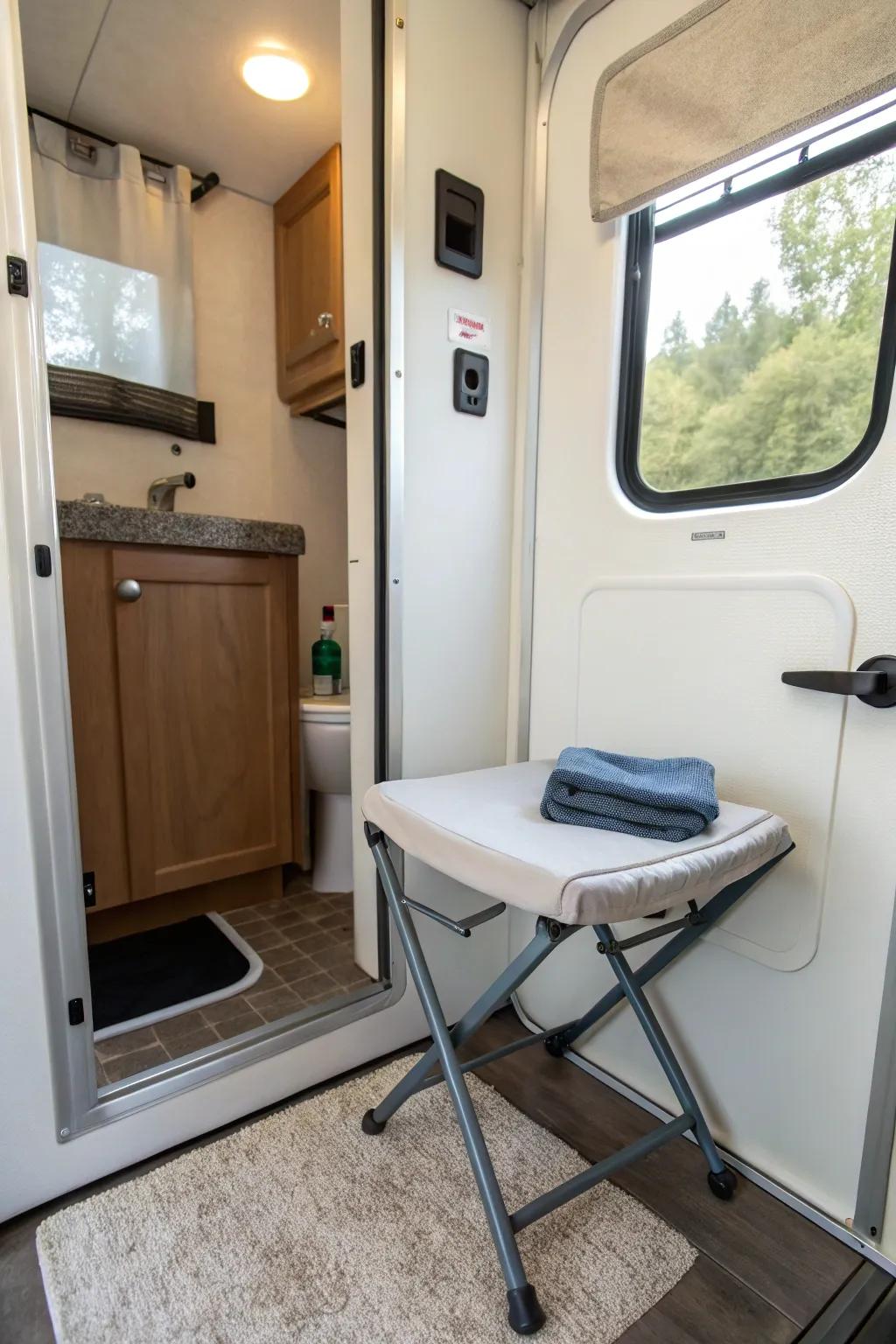 Multi-purpose seat that adds more storage inside a recreational vehicle's restroom.