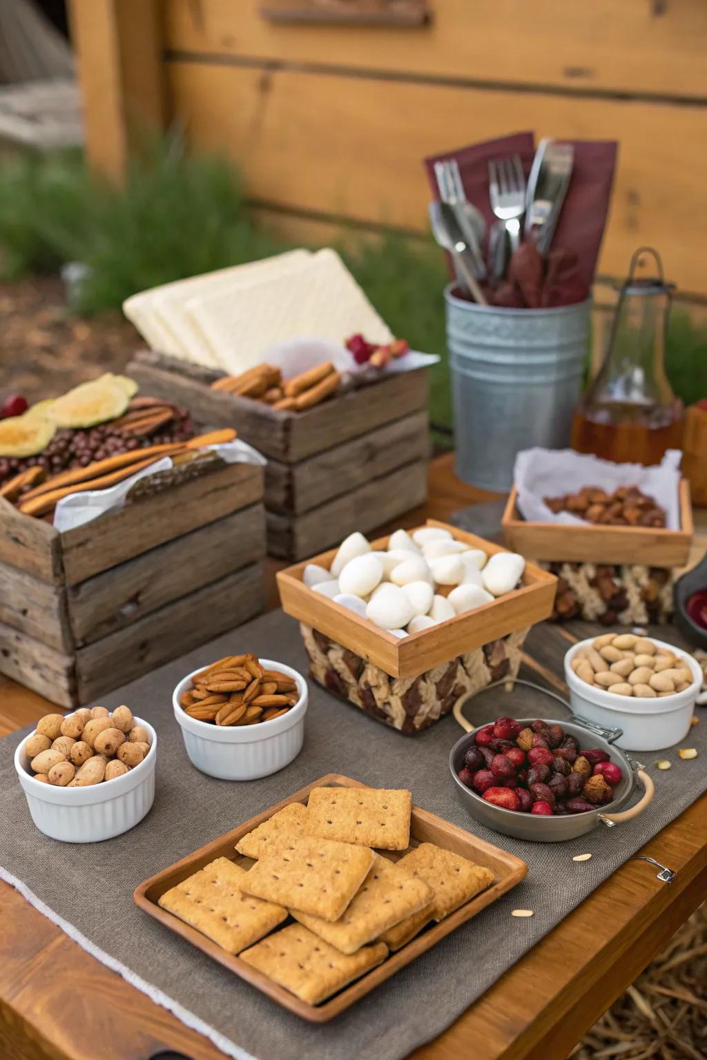 A tempting arrangement of camping-themed snacks.