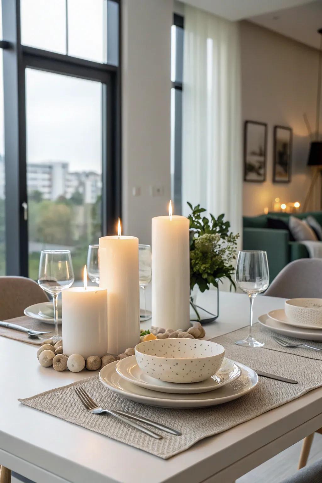 A minimalist candle display offers elegance with simplicity.
