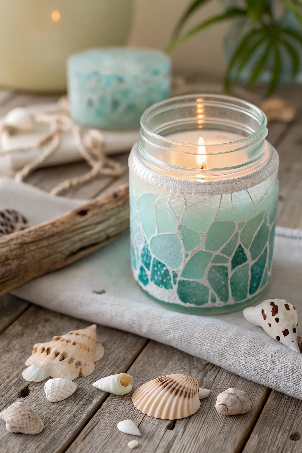 Transfer the serene allure of the beach into your abode through this seashore crystal candle container.