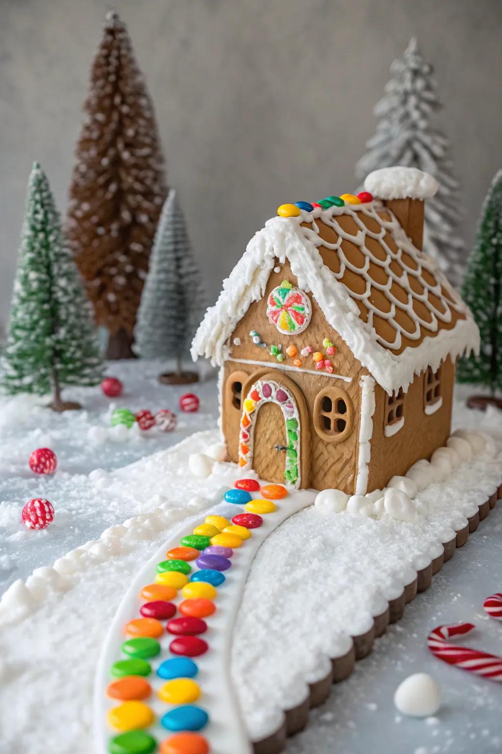 A vibrant M&Ms pathway leading to the gingerbread house entrance.