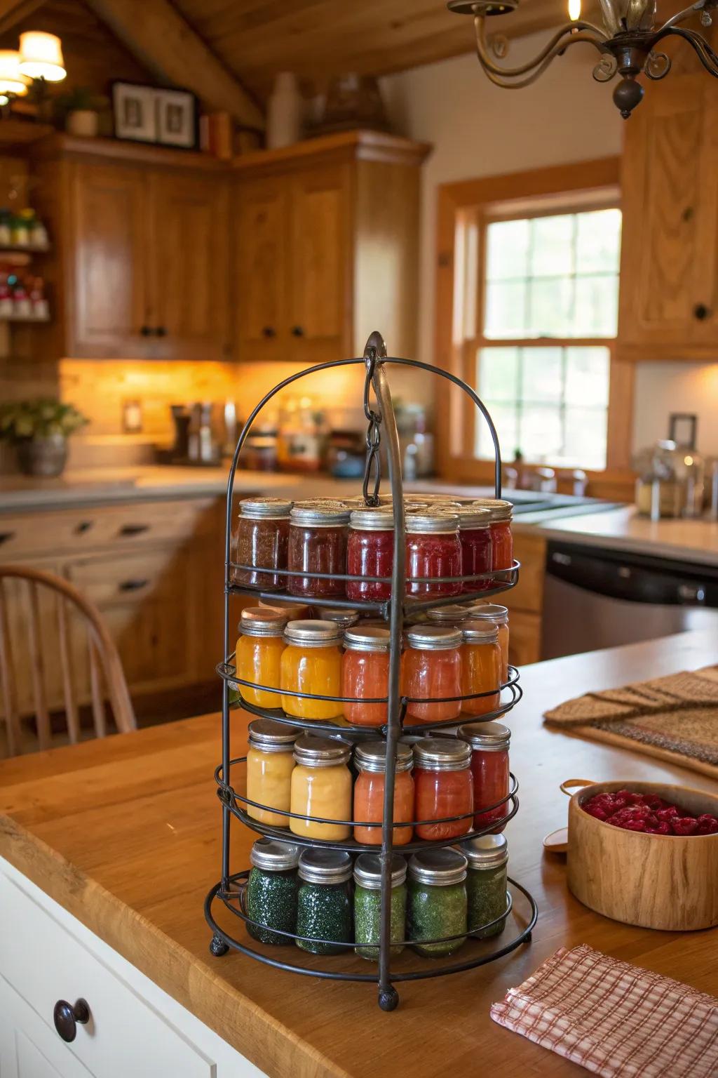 Get the most from your space and make it easy to grab jars with tiered racks.