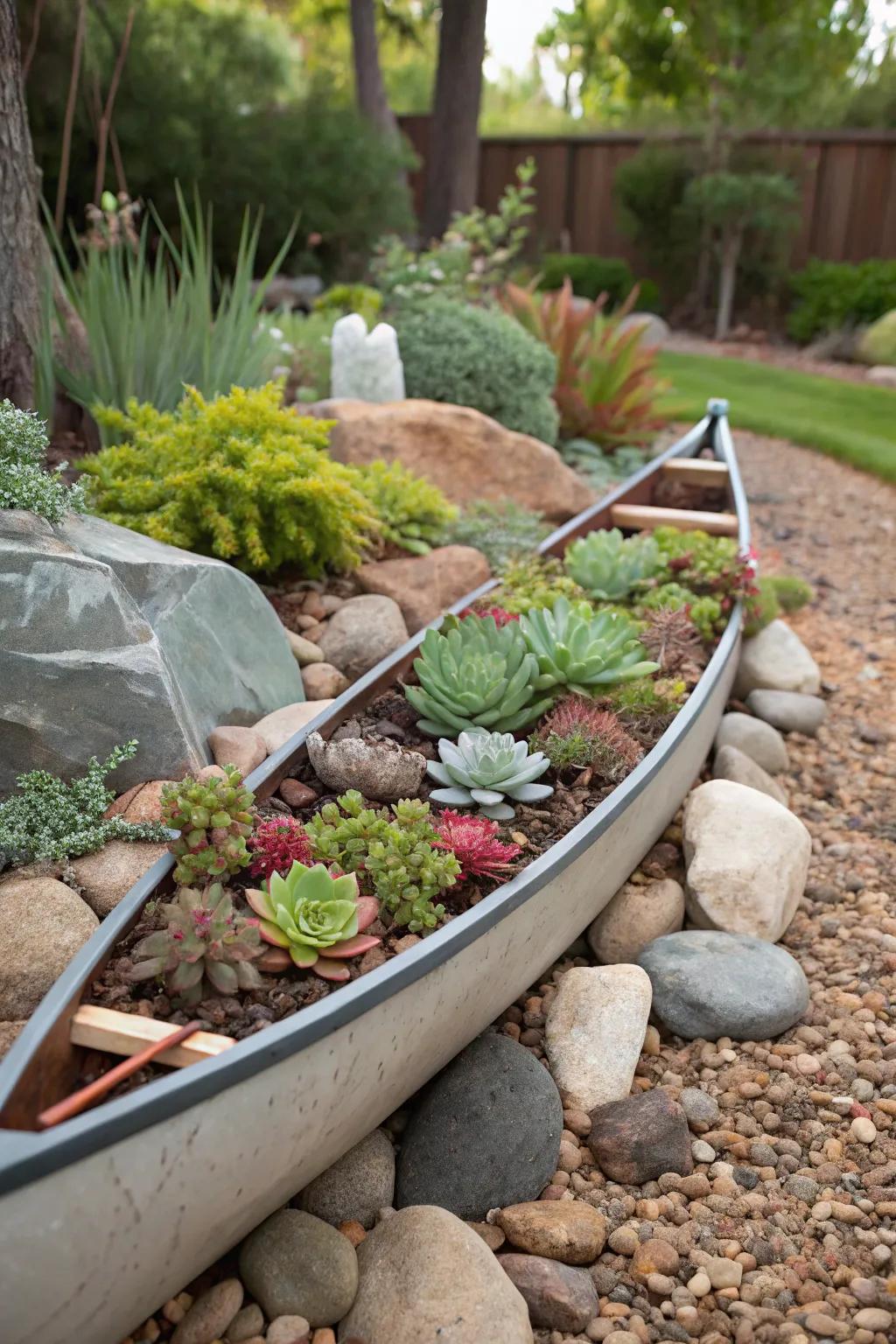 Stones and mulch define a decorative border for a boat planter.