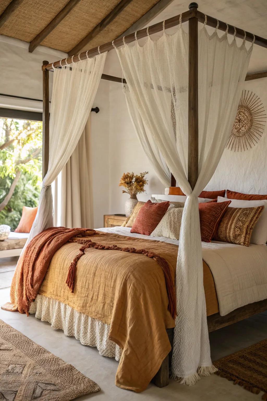 A snug draped refuge with layered bedding and warm colors.