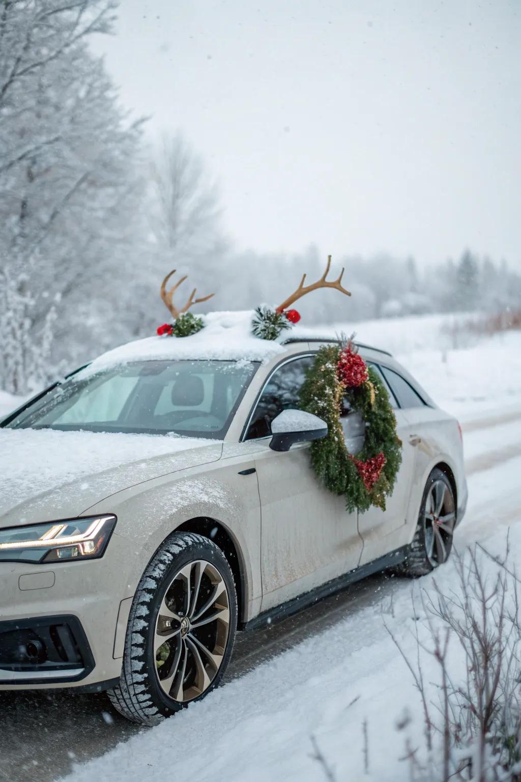 A car adorned with festive holiday decorations, spreading cheer on the road.