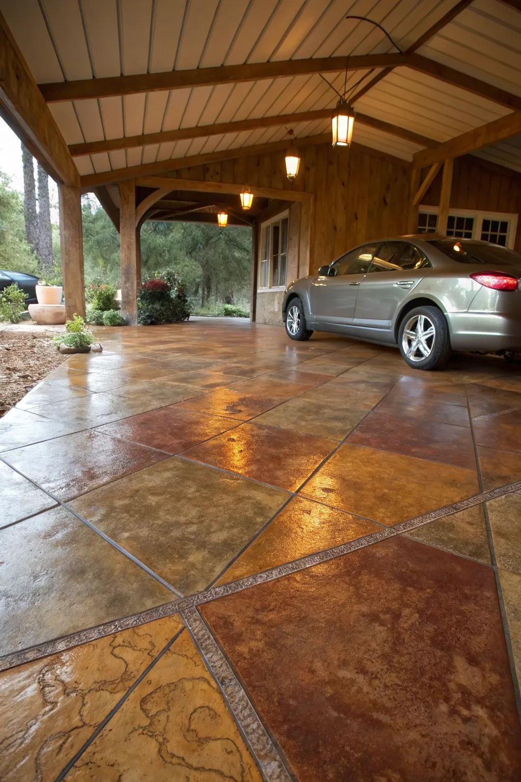 Concrete shading infuses sophistication into a conventional carport ground.