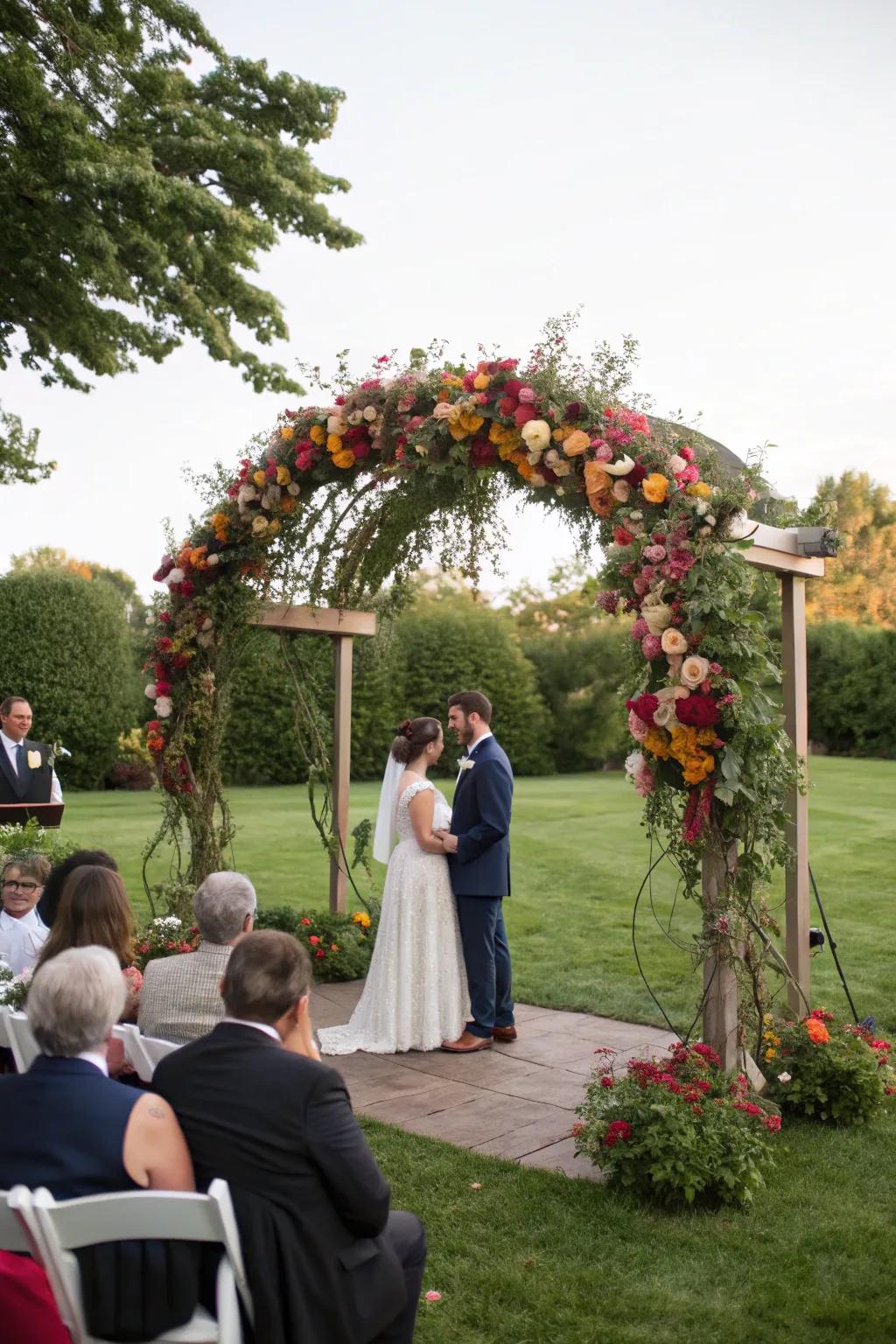 A stunning floral arch serves as the ceremony's focal point.