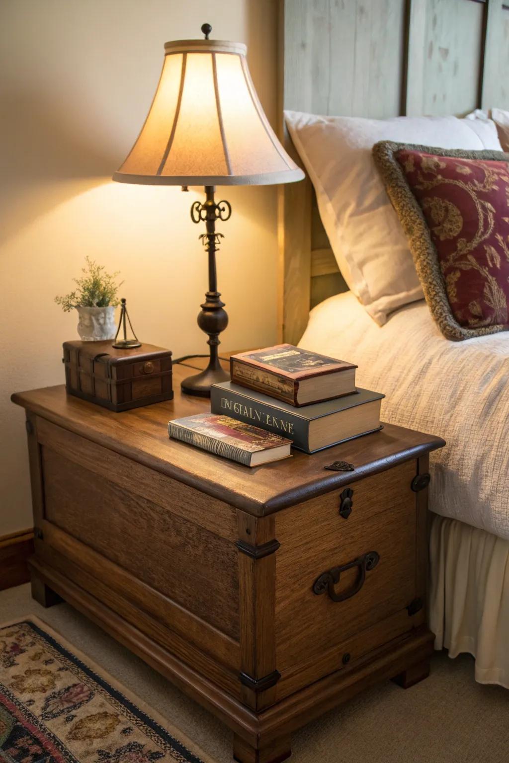 A cedar chest enriches your area with charm and practicality as a bedside table.