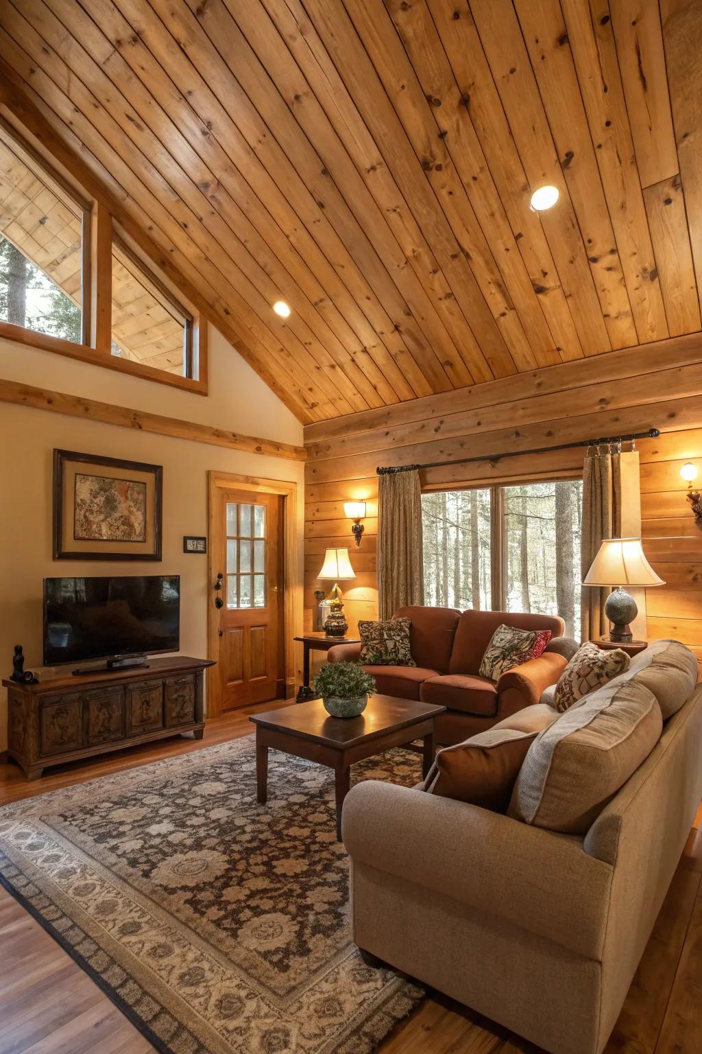 Wood paneling introduces a natural, welcoming touch to any living area.