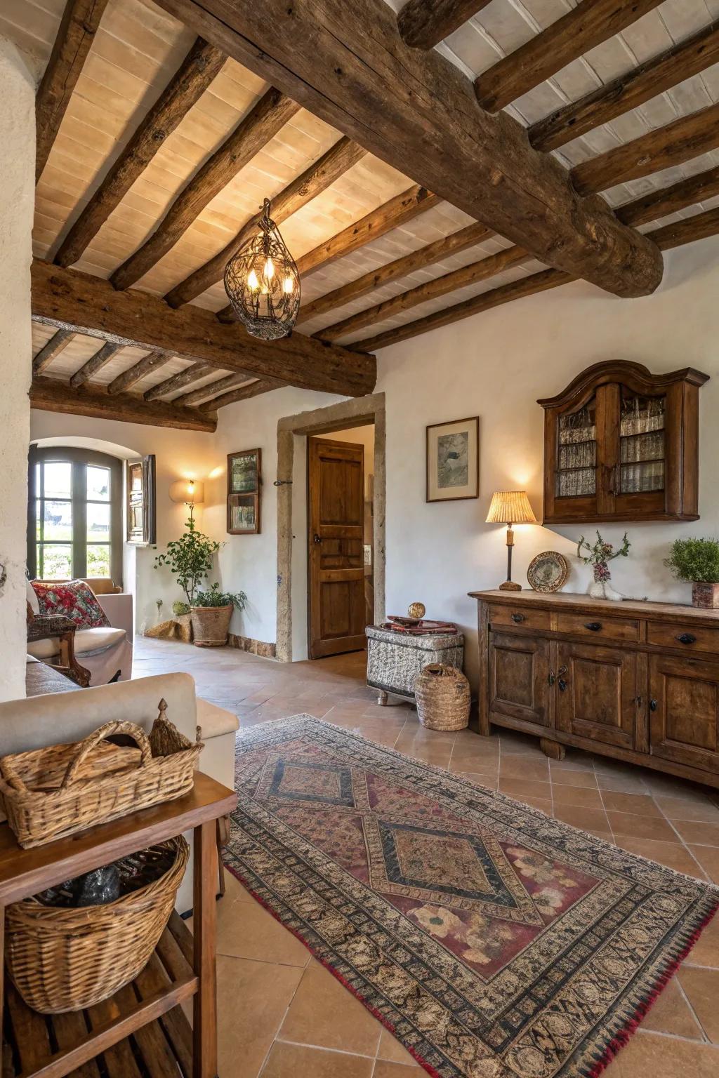Ceiling beams add a timeless farmhouse charm.