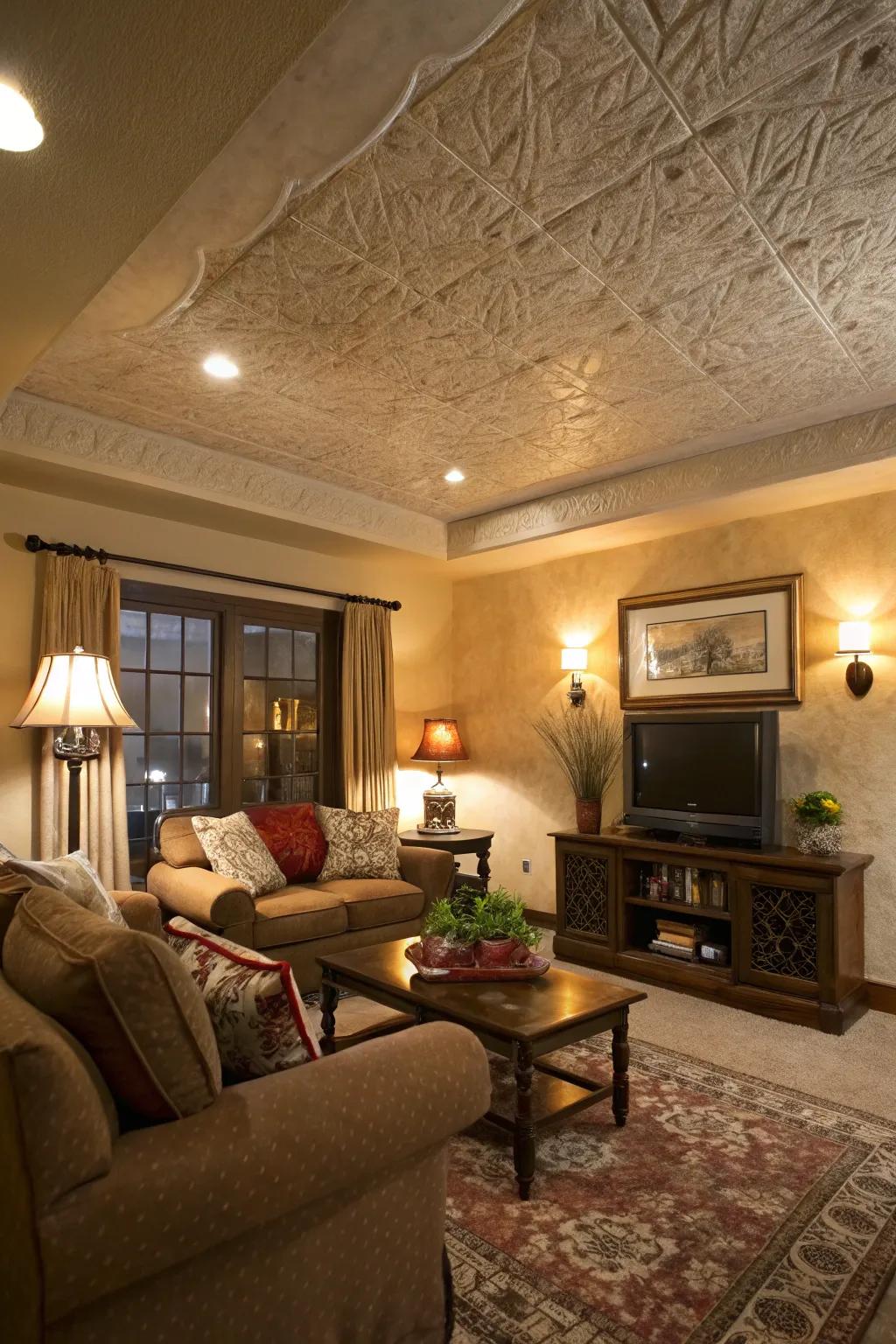Achieve a rustic vibe with the charming knockdown ceiling texture.