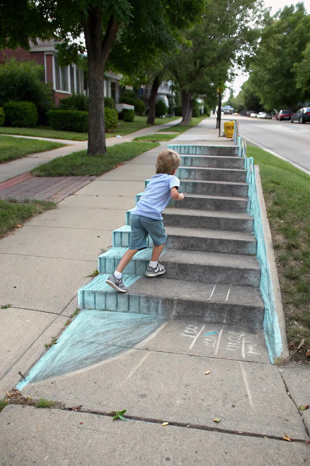 A child interacts with a 3D chalk drawing, climbing an imaginary staircase.