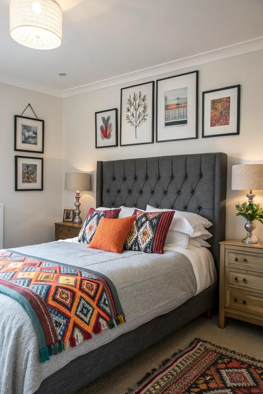 A vibrant splash of hue breathes vitality into a neutral grey headboard setting.