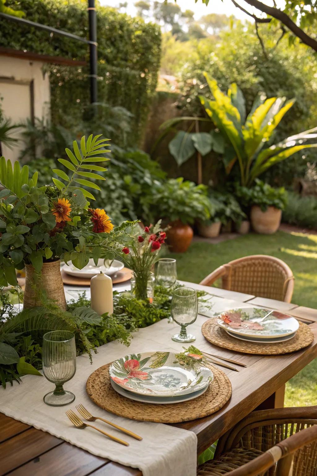 Nature-themed chargers bring a fresh, outdoorsy vibe to your table.