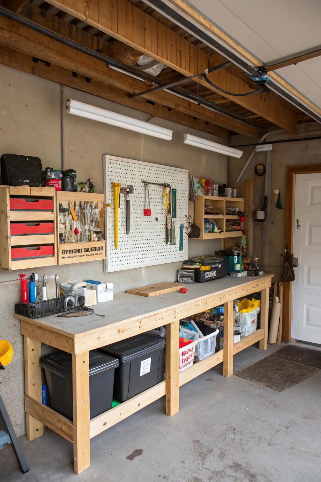 A multi-functional workbench maximizes space and utility.