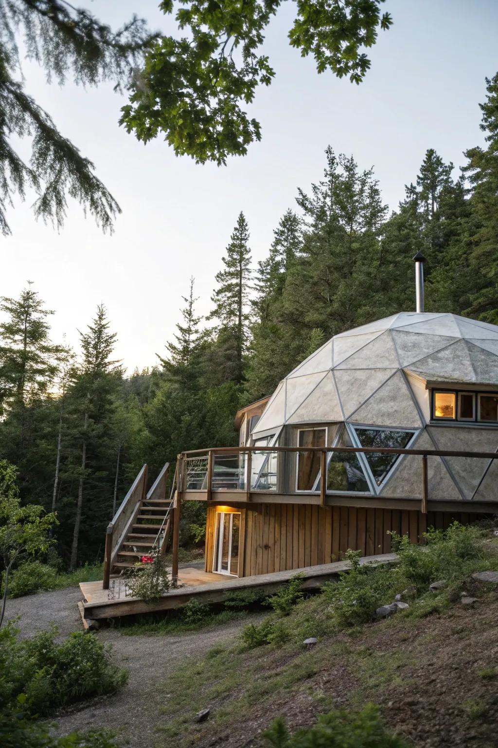 A geodesic shelter home blending beautifully with its natural surroundings.