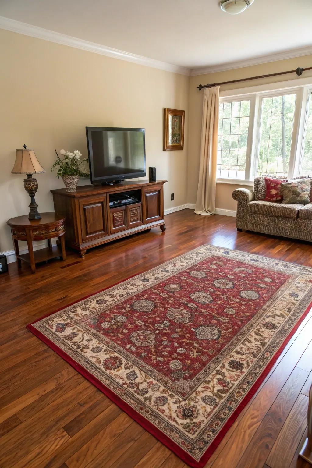 Area rugs introduce texture and comfort to polished redwood floors.