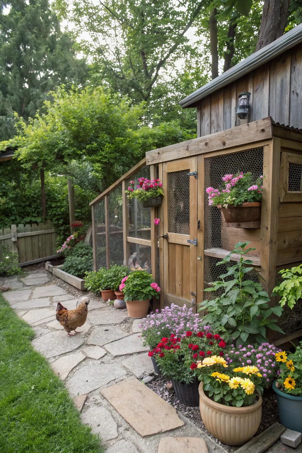 Potted flora fashion a revitalizing and natural ambiance around the coop.