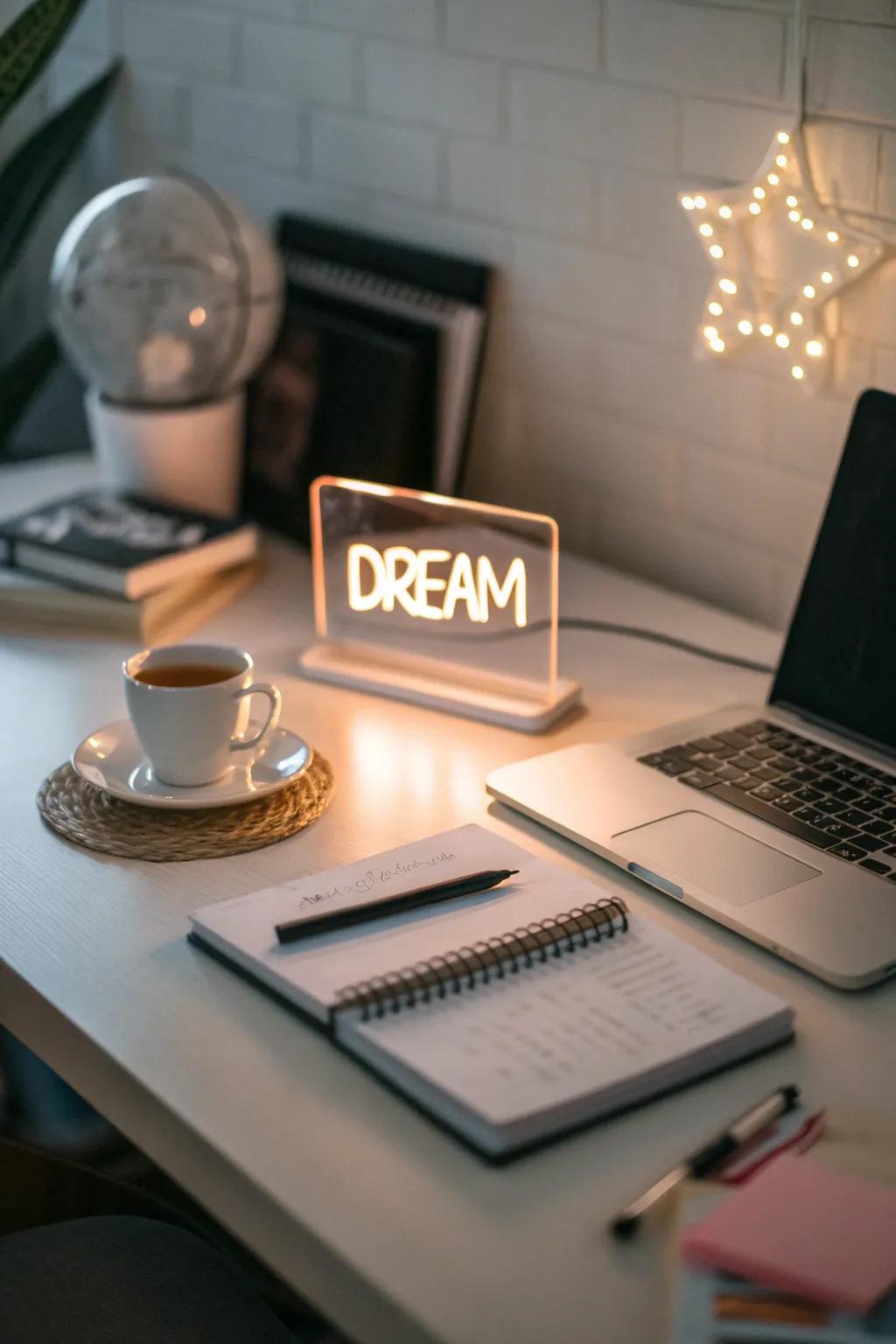 A neon sign adding a trendy touch above the workspace.