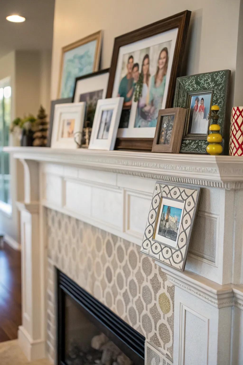 Artistic creations and portraits personalize the fireplace zone, injecting persona and warmth.