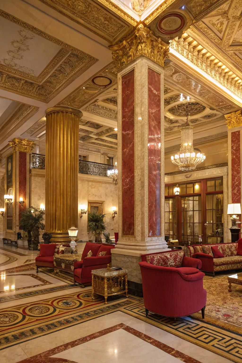 A reception area displaying a luxurious hue selection of gold, crimson, and earthy shades.