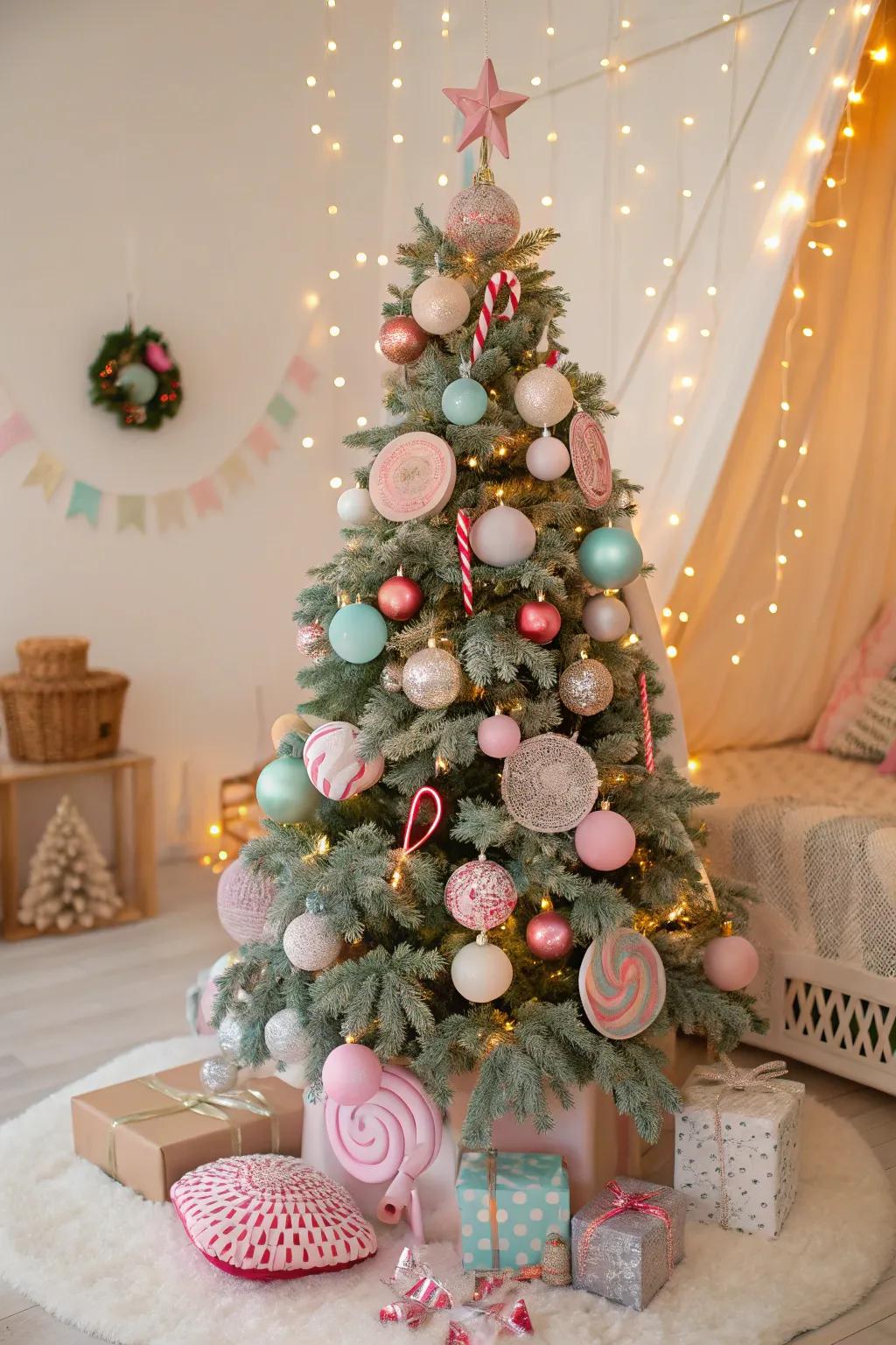 A quirky Sweet Land-themed holiday bauble tree for a lively holiday touch.