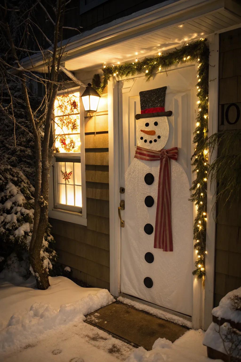 A delightful snowman brightens this festive portal with cheer.