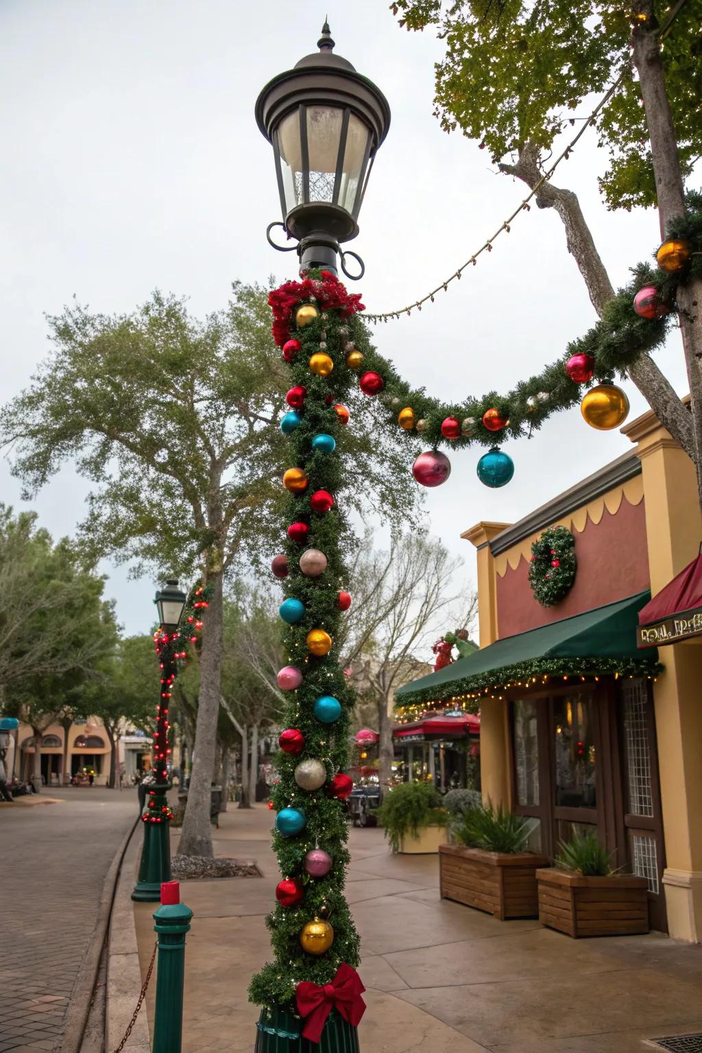 Ornaments contribute a whimsical accent to a decorated lamp post.