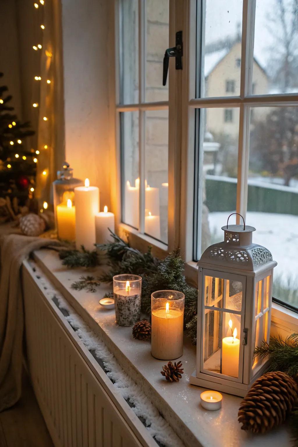 Candles and lanterns on the sill offer a warm, inviting glow.