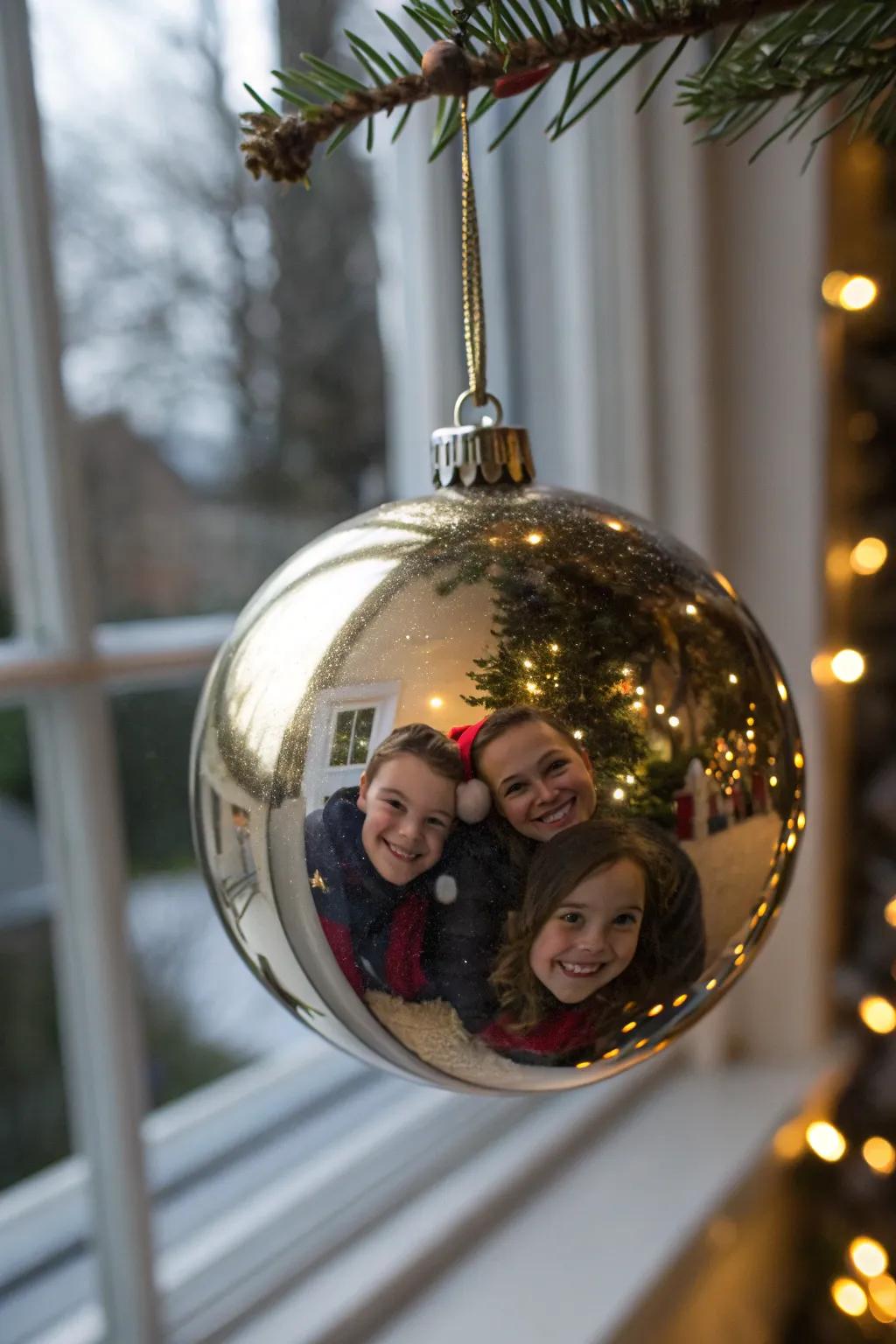 Family reflections caught in a holiday ornament.