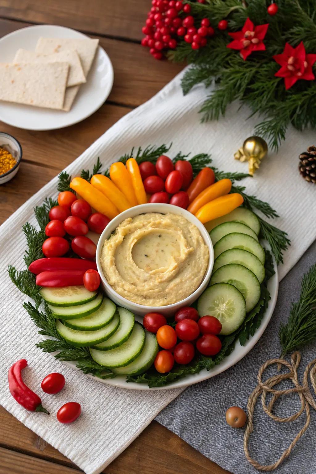 Festive vegetable wreath with hummus dip.